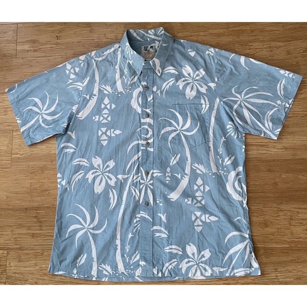 Kahala John Severson Hawaiian Shirt Mens L Blue Palm Aloha Made in Hawaii